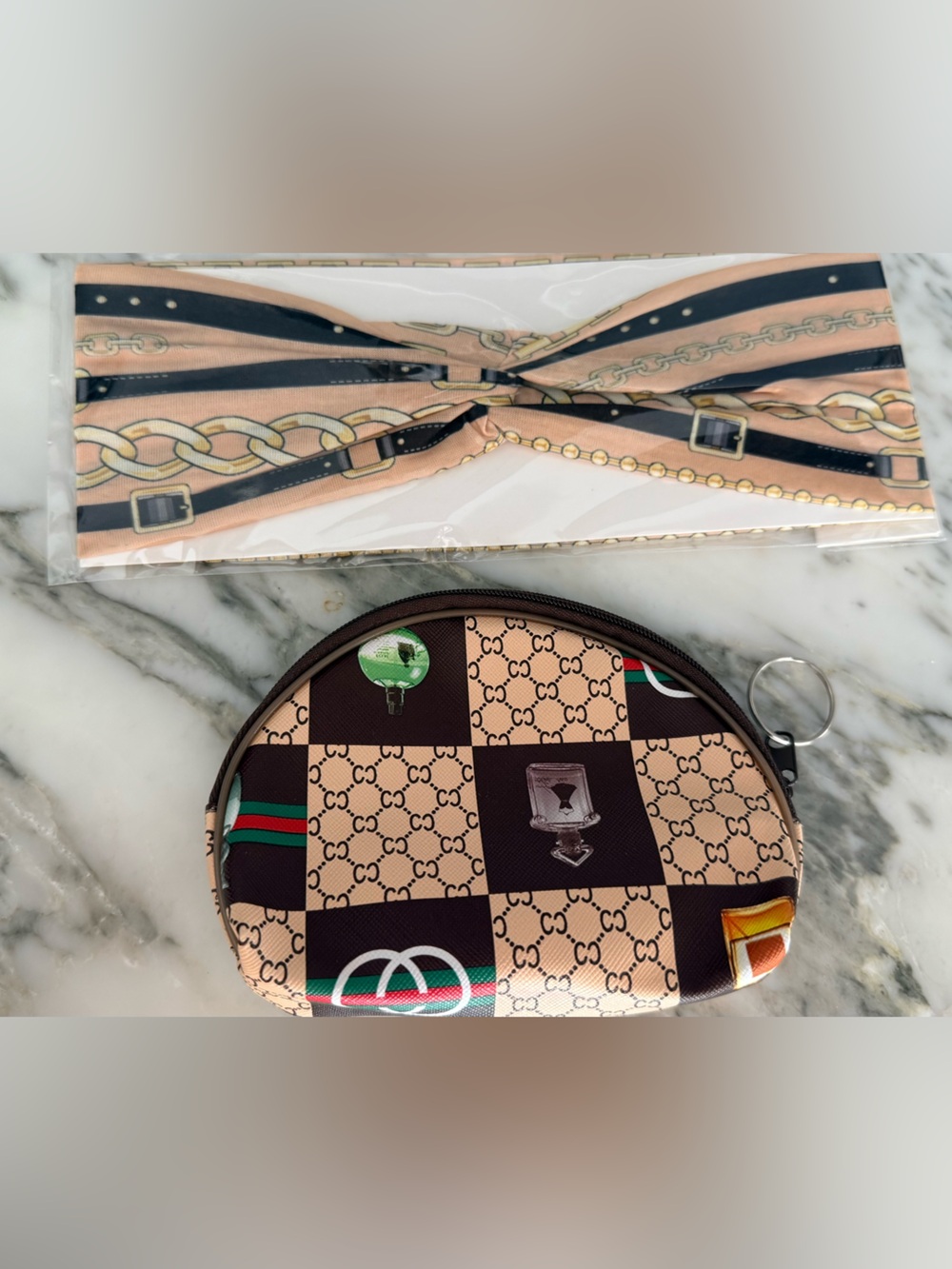 Makeup Pouch Bag Brown & Beige Checker Coin Pouch Headband New